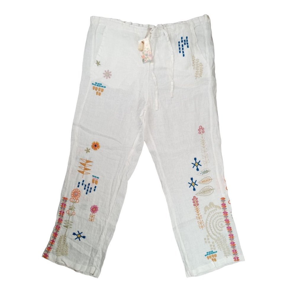 Johnny Was Embroidered Pants BIYA Elektra Large White Linen Drawstring B63422-2